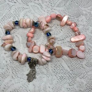 CURATED bundle natural shell stretch and evil eye charm bracelets